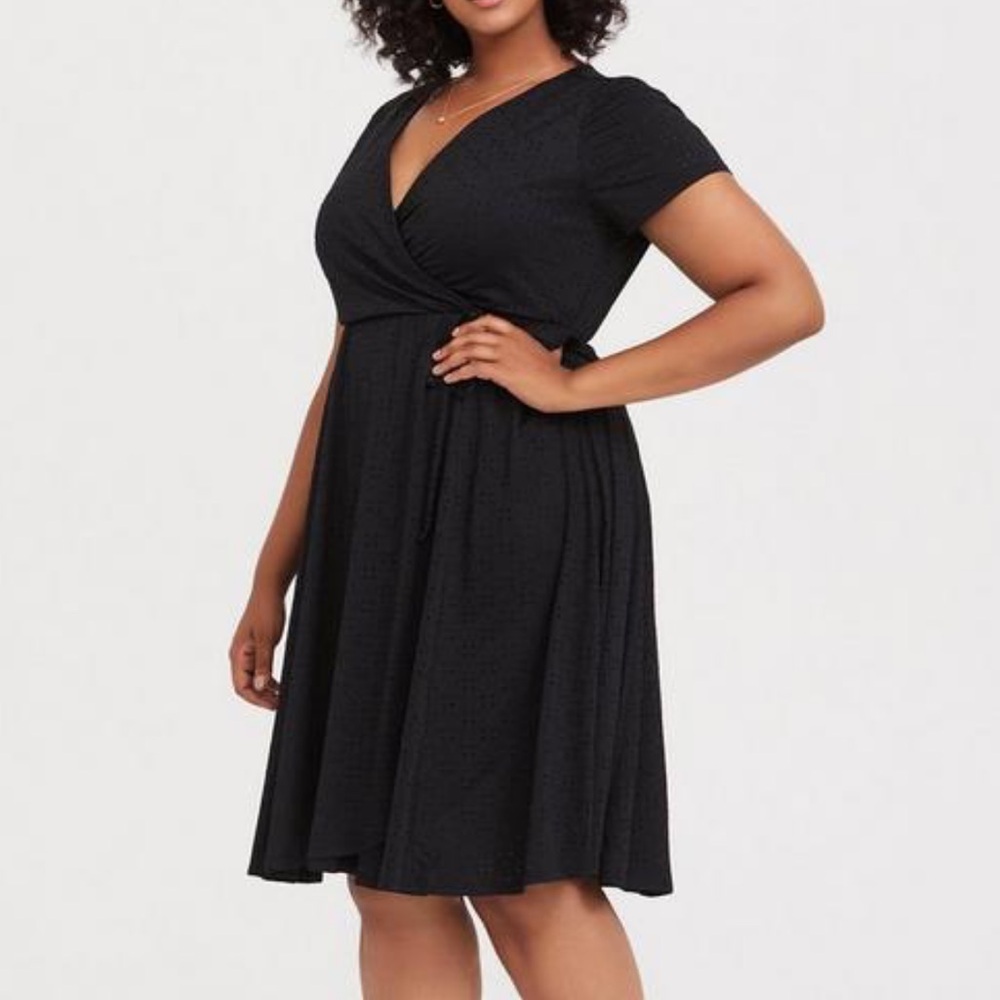 Torrid Black Jersey Eyelet Faux Wrap Dress